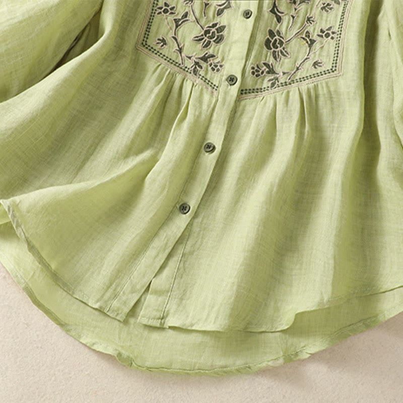 Koszula damska z bawełny i lnu z haftem "Buddha Stones" i jednym rękawem w stylu "trzy czwarte" - image 5