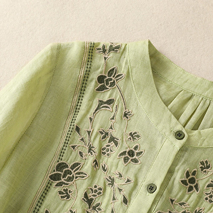 Koszula damska z bawełny i lnu z haftem "Buddha Stones" i jednym rękawem w stylu "trzy czwarte" - image 2