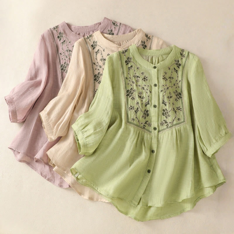 Koszula damska z bawełny i lnu z haftem "Buddha Stones" i jednym rękawem w stylu "trzy czwarte" - image 25