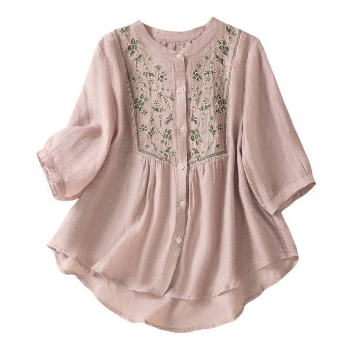 Koszula damska z bawełny i lnu z haftem "Buddha Stones" i jednym rękawem w stylu "trzy czwarte" - image 17