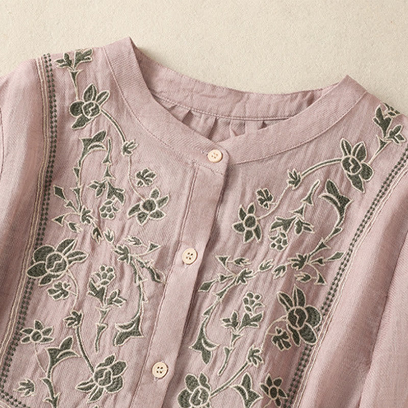 Koszula damska z bawełny i lnu z haftem "Buddha Stones" i jednym rękawem w stylu "trzy czwarte" - image 11