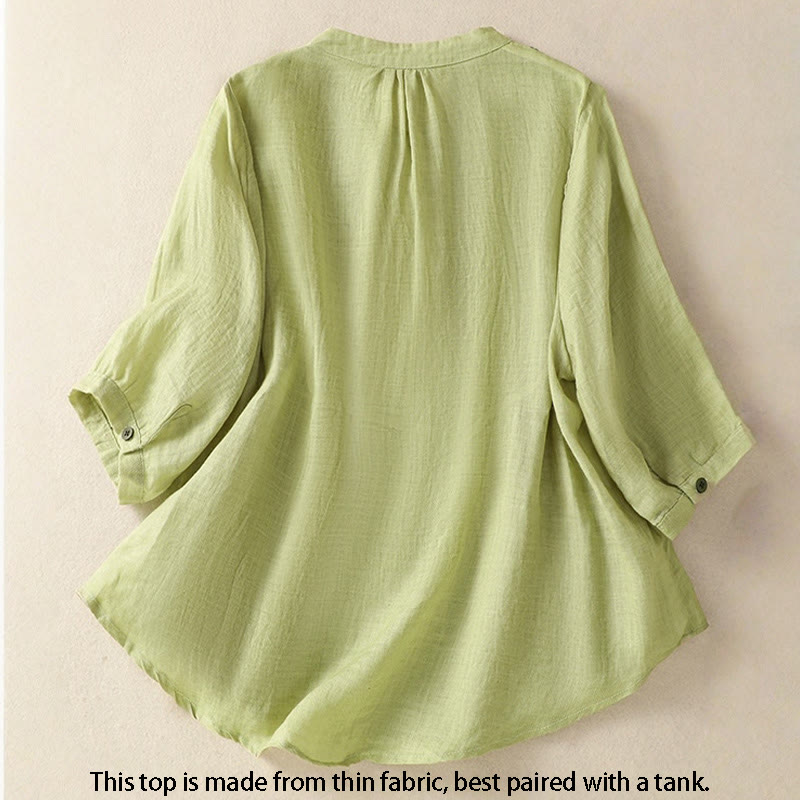 Koszula damska z bawełny i lnu z haftem "Buddha Stones" i jednym rękawem w stylu "trzy czwarte" - image 1