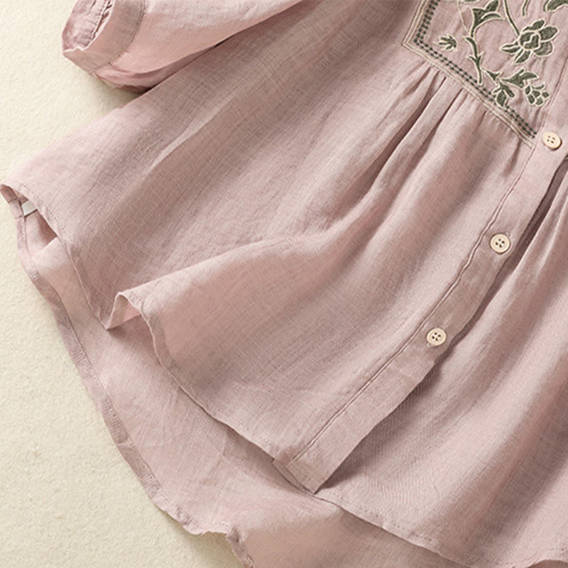 Koszula damska z bawełny i lnu z haftem "Buddha Stones" i jednym rękawem w stylu "trzy czwarte" - image 16