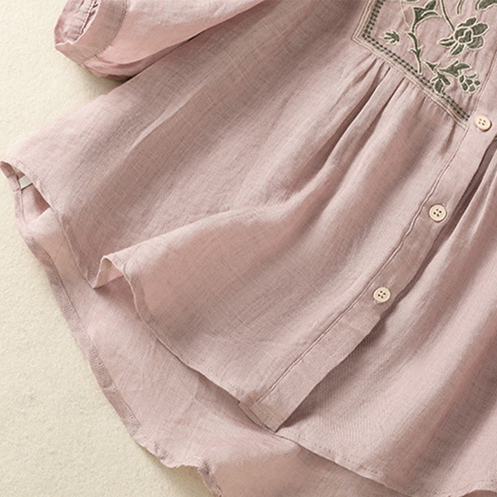 Koszula damska z bawełny i lnu z haftem "Buddha Stones" i jednym rękawem w stylu "trzy czwarte" - image 16