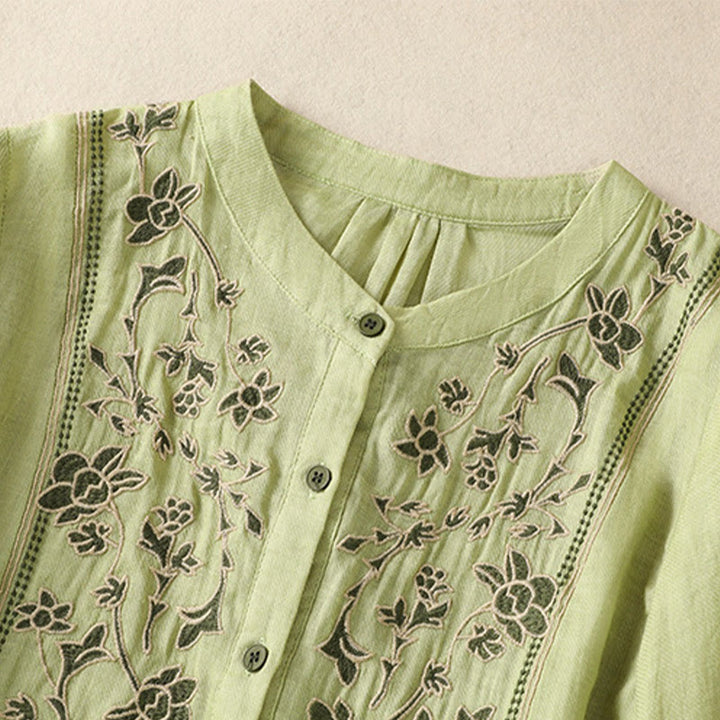 Koszula damska z bawełny i lnu z haftem "Buddha Stones" i jednym rękawem w stylu "trzy czwarte" - image 3