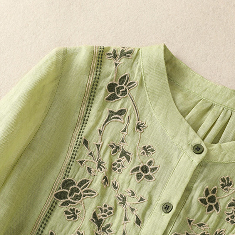 Koszula damska z bawełny i lnu z haftem "Buddha Stones" i jednym rękawem w stylu "trzy czwarte" - image 2