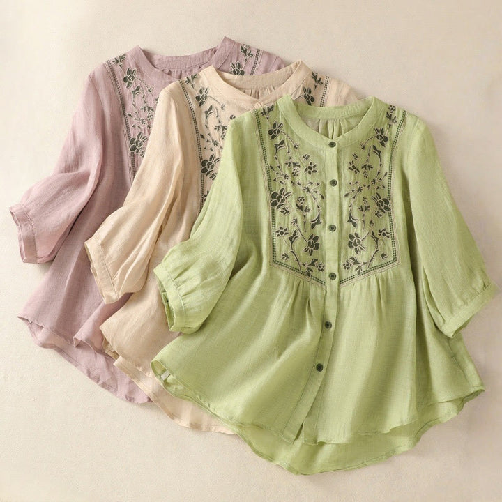 Koszula damska z bawełny i lnu z haftem "Buddha Stones" i jednym rękawem w stylu "trzy czwarte" - image 25