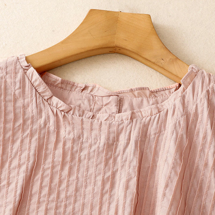 Koszula damska z krótkim rękawem z bawełny " Buddha Stones Summer Pure Color" z falbankami i plisami - image 2