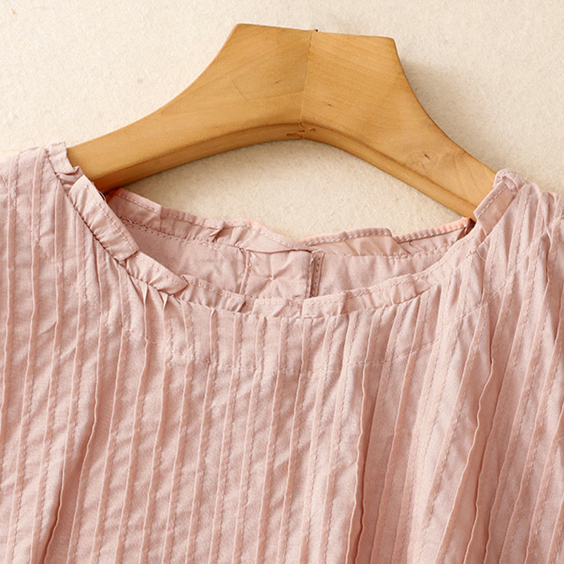 Koszula damska z krótkim rękawem z bawełny " Buddha Stones Summer Pure Color" z falbankami i plisami - image 3