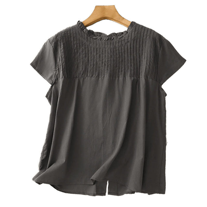 Koszula damska z krótkim rękawem z bawełny " Buddha Stones Summer Pure Color" z falbankami i plisami - image 9