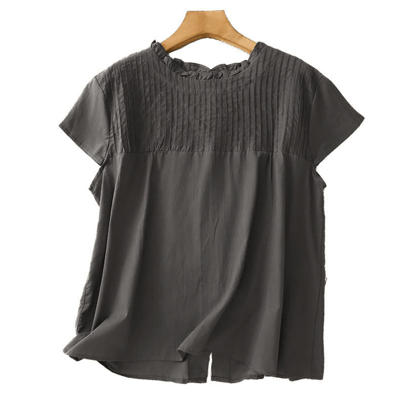 Koszula damska z krótkim rękawem z bawełny " Buddha Stones Summer Pure Color" z falbankami i plisami - image 10