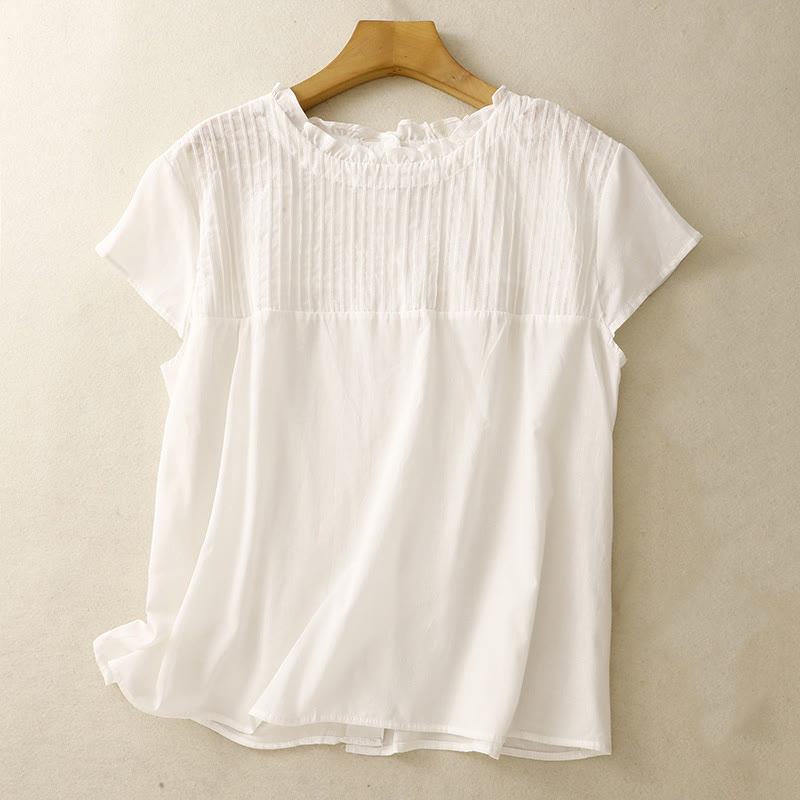 Koszula damska z krótkim rękawem z bawełny " Buddha Stones Summer Pure Color" z falbankami i plisami - Biały - US12, UK/AU16, EU44 (2XL) - image 12