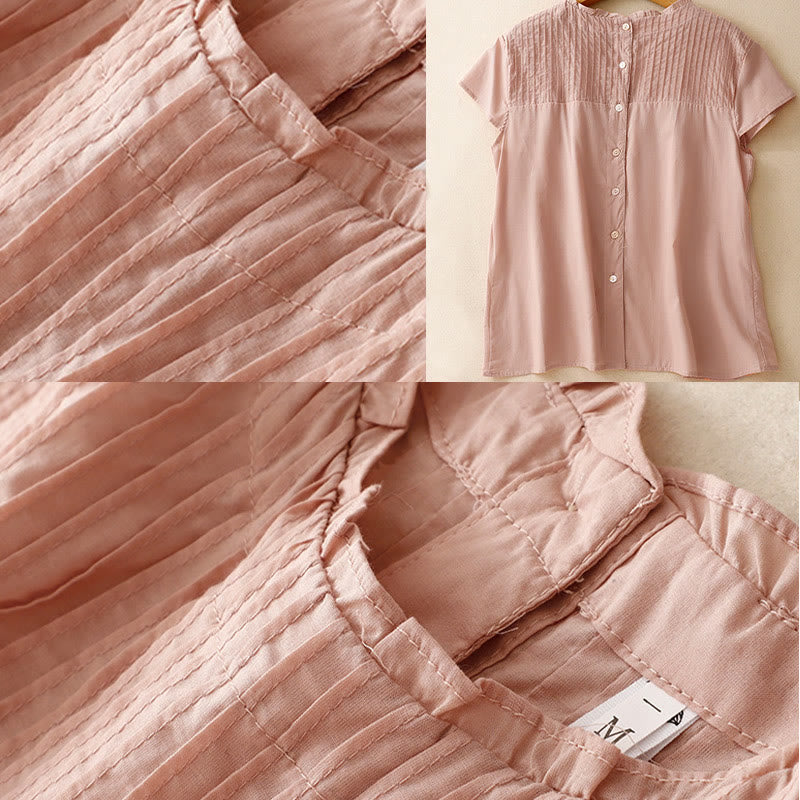 Koszula damska z krótkim rękawem z bawełny " Buddha Stones Summer Pure Color" z falbankami i plisami - image 5