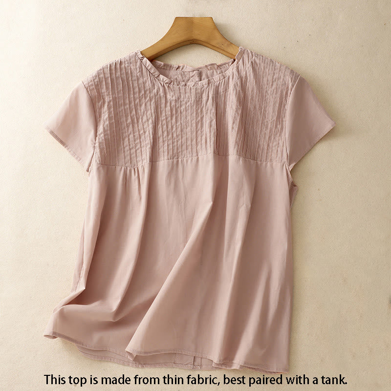 Koszula damska z krótkim rękawem z bawełny " Buddha Stones Summer Pure Color" z falbankami i plisami - image 1