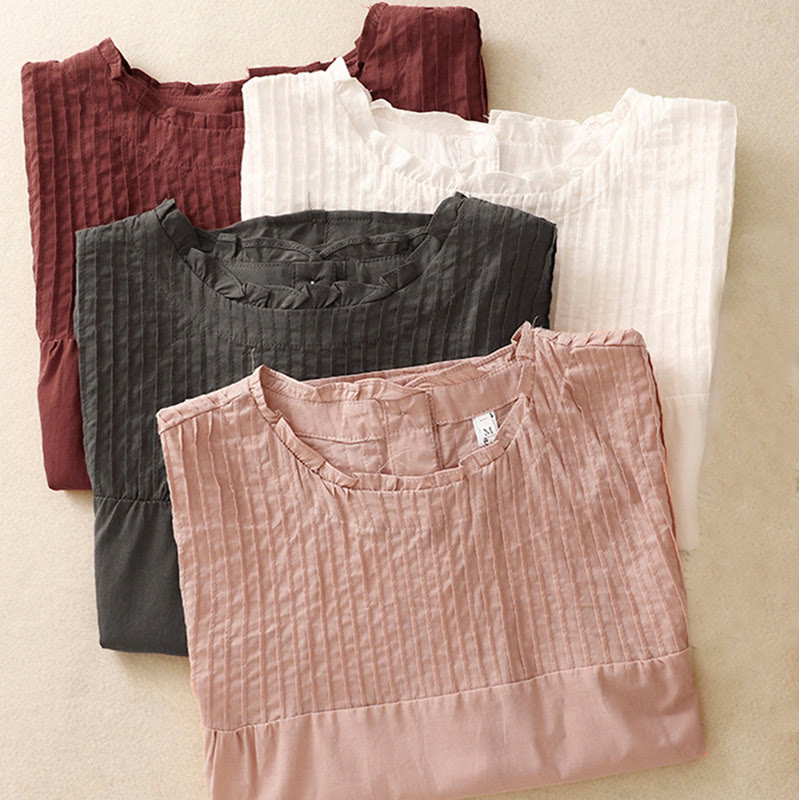 Koszula damska z krótkim rękawem z bawełny " Buddha Stones Summer Pure Color" z falbankami i plisami - image 20