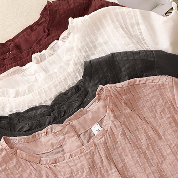 Koszula damska z krótkim rękawem z bawełny " Buddha Stones Summer Pure Color" z falbankami i plisami - image 21