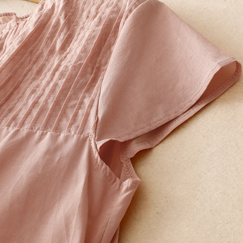 Koszula damska z krótkim rękawem z bawełny " Buddha Stones Summer Pure Color" z falbankami i plisami - image 3