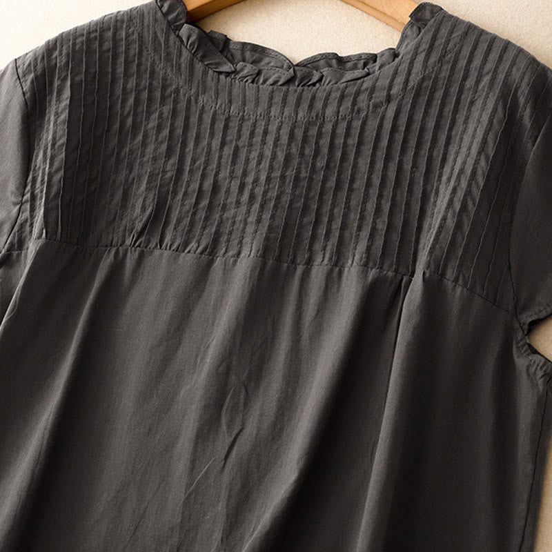 Koszula damska z krótkim rękawem z bawełny " Buddha Stones Summer Pure Color" z falbankami i plisami - image 7