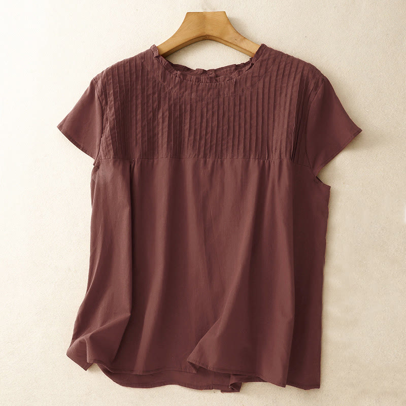 Koszula damska z krótkim rękawem z bawełny " Buddha Stones Summer Pure Color" z falbankami i plisami - Ciemnoczerwony - US12, UK/AU16, EU44 (2XL) - image 16