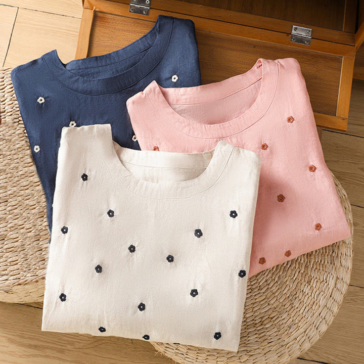 Damska koszulka z krótkim rękawem i haftowanym kwiatowym motywem „Buddha Stones” - image 23