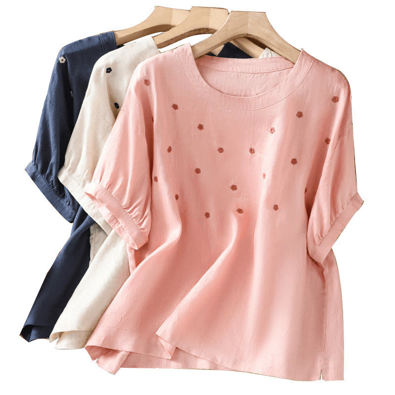 Damska koszulka z krótkim rękawem i haftowanym kwiatowym motywem „Buddha Stones” - image 24