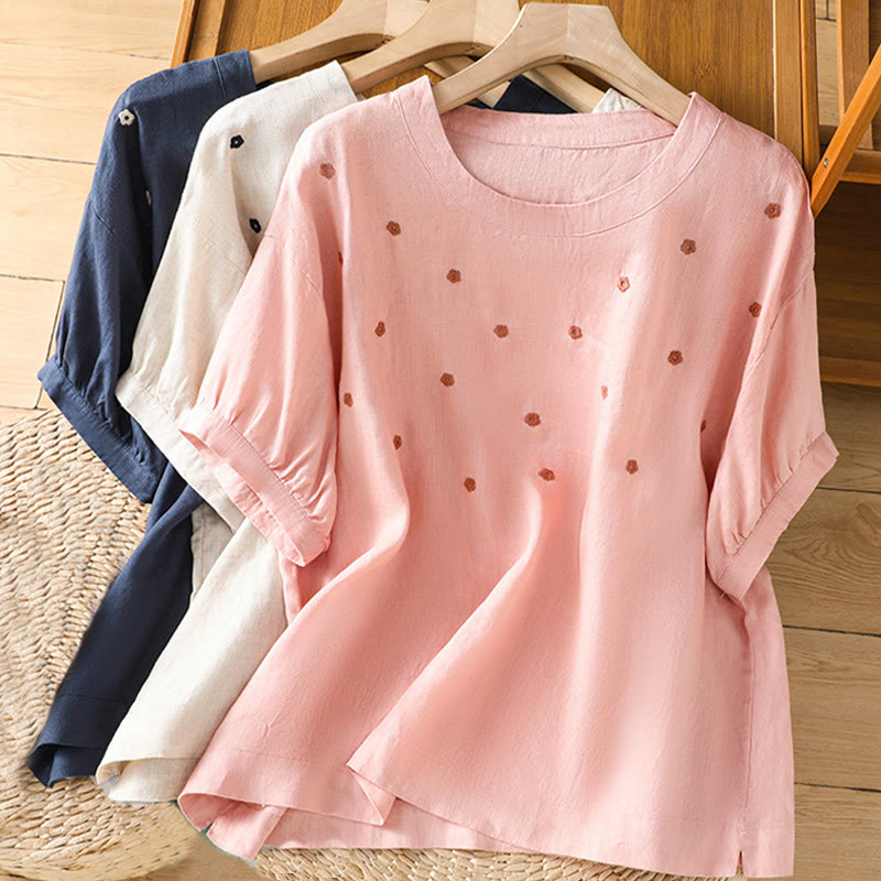 Damska koszulka z krótkim rękawem i haftowanym kwiatowym motywem „Buddha Stones” - image 22