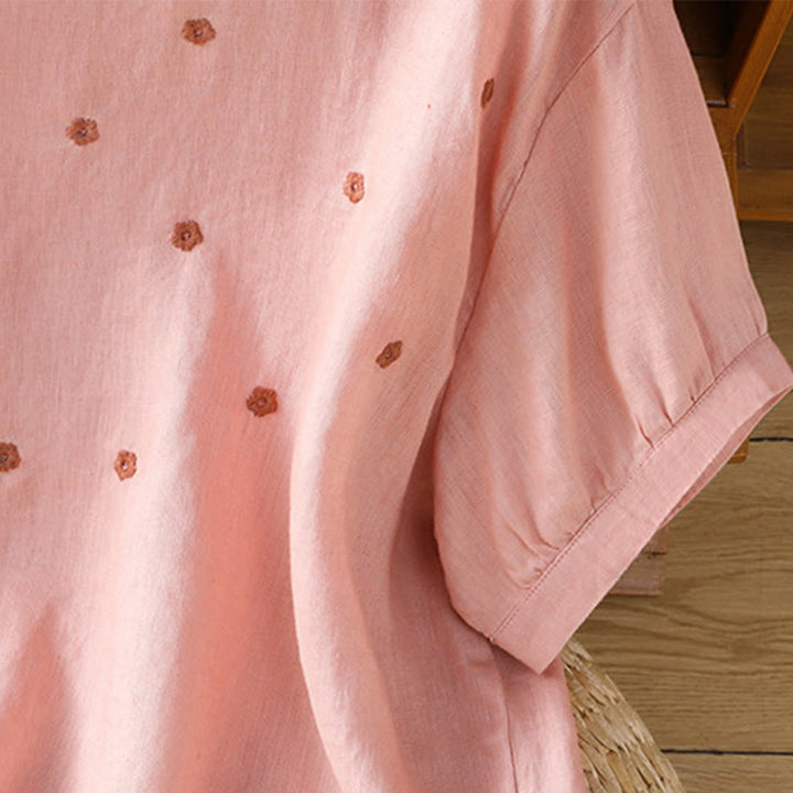 Damska koszulka z krótkim rękawem i haftowanym kwiatowym motywem „Buddha Stones” - image 10