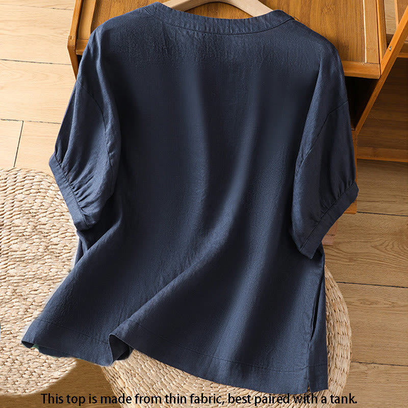 Damska koszulka z krótkim rękawem i haftowanym kwiatowym motywem „Buddha Stones” - image 1