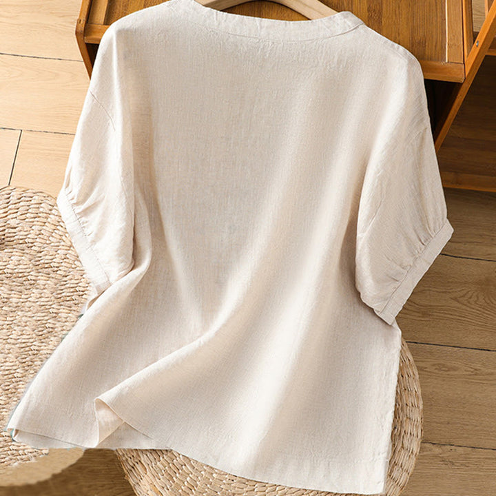 Damska koszulka z krótkim rękawem i haftowanym kwiatowym motywem „Buddha Stones” - image 15