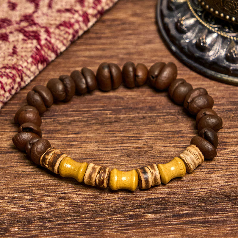 Buddha Stones Ręcznie robione Naturalne Ziarna Kawy Kokosowej Skorupy Bambusa Jadeit Pozytywna Bransoletka - image 3