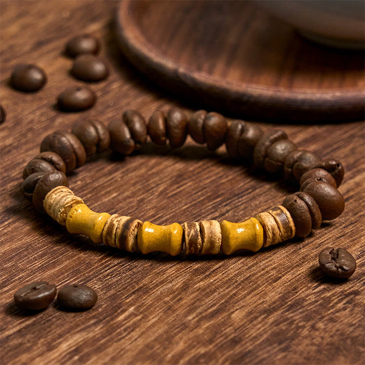 Buddha Stones Ręcznie robione Naturalne Ziarna Kawy Kokosowej Skorupy Bambusa Jadeit Pozytywna Bransoletka - Ziarna kawy (obwód nadgarstka 14-17cm) - image 1