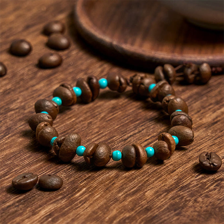 Bransoletka z Buddha Stones, ręcznie robione naturalne ziarna kawy i turkusowe koraliki - Ziarna kawy (obwód nadgarstka 14-17cm) - image 1