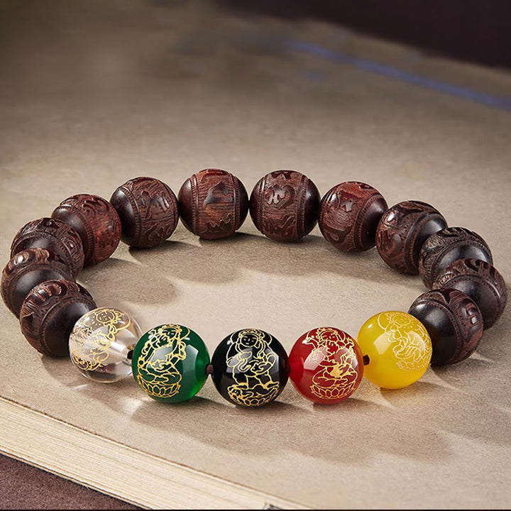 Bransoletka Buddha Stones z małym liściem i czerwonym sandałowcem Five Directions Gods of Wealth Calm - 12 mm - image 1