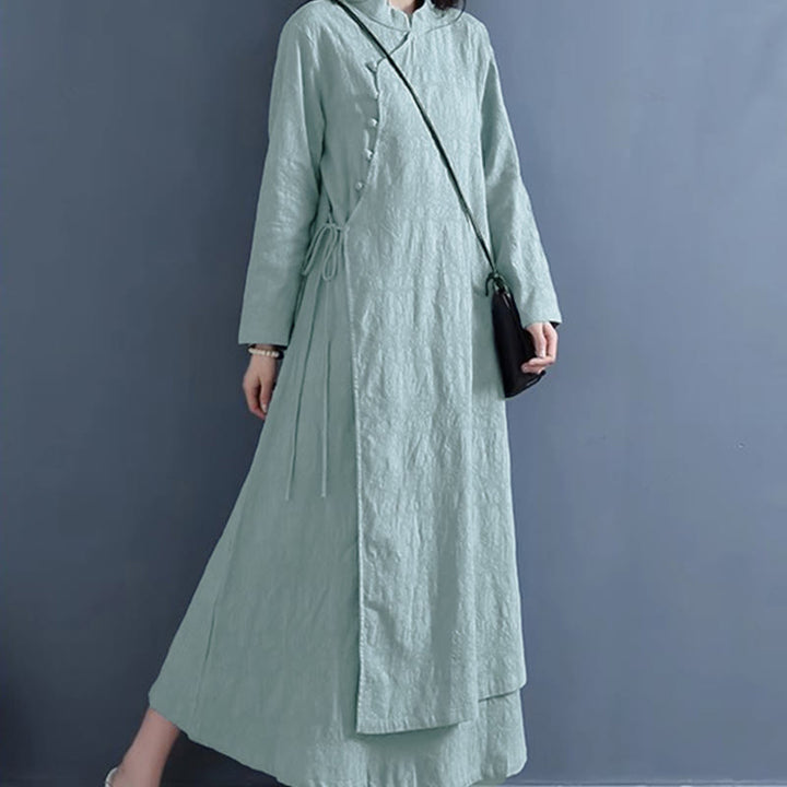 Sukienka midi z bawełny i lnu Buddha Stones w stylu casual, prosta, z żabim guzikiem i sznurowaniem po bokach - image 10