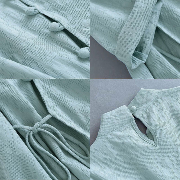 Sukienka midi z bawełny i lnu Buddha Stones w stylu casual, prosta, z żabim guzikiem i sznurowaniem po bokach - image 12