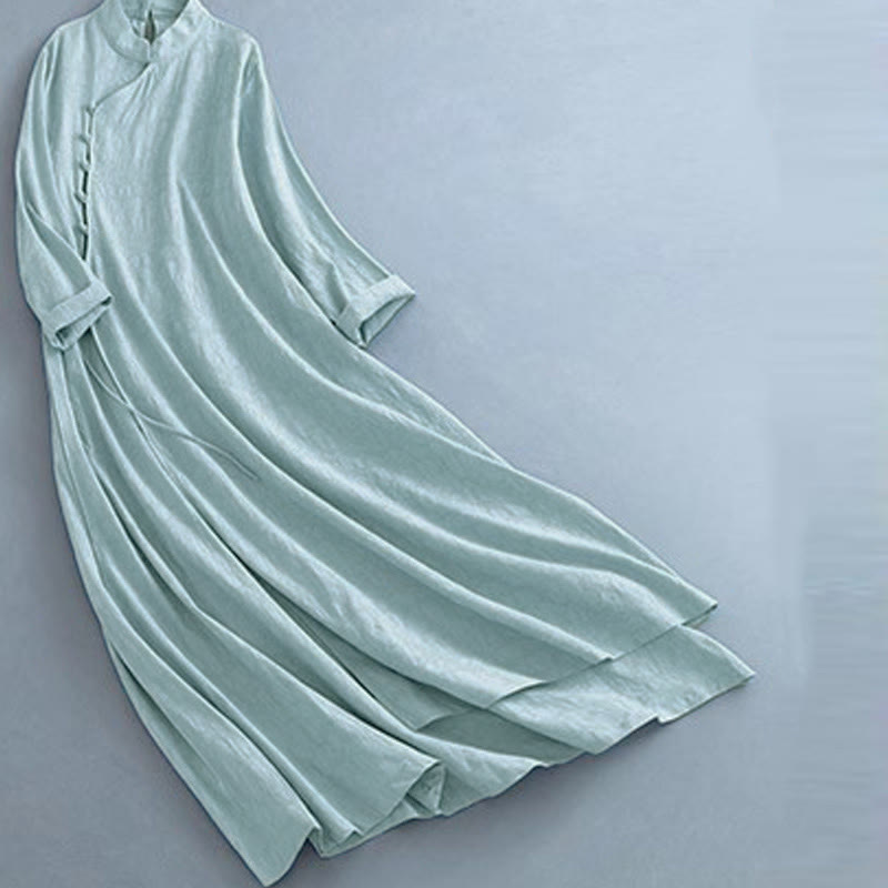 Sukienka midi z bawełny i lnu Buddha Stones w stylu casual, prosta, z żabim guzikiem i sznurowaniem po bokach - image 13