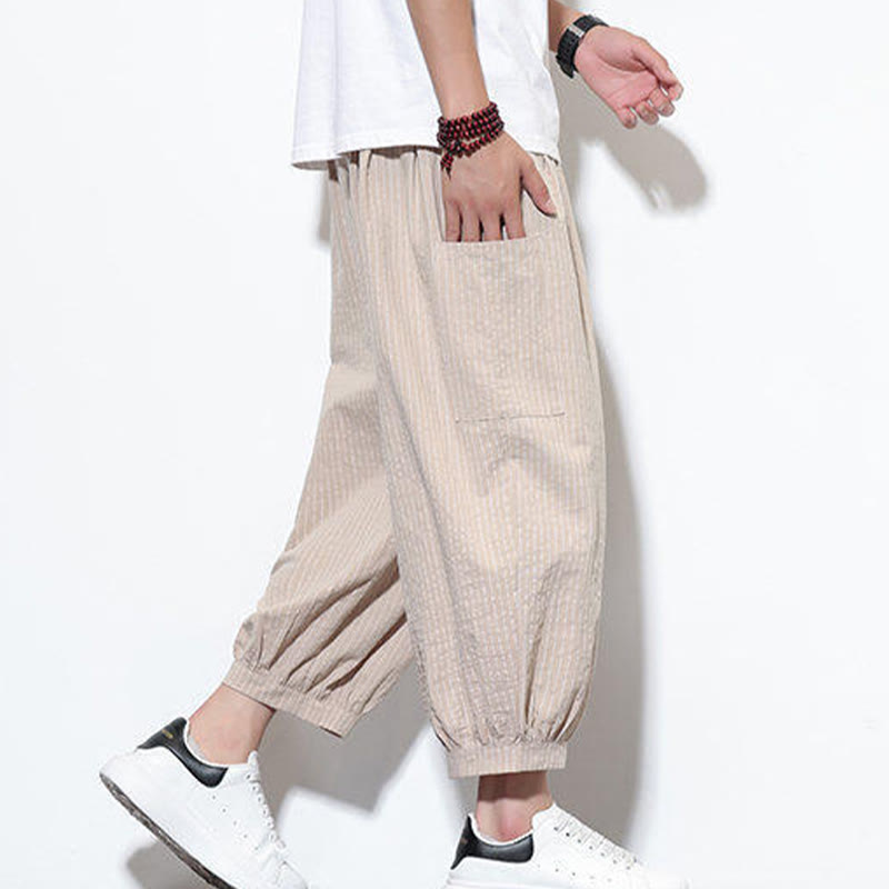 Spodnie haremowe męskie z bawełny w paski i kieszeniami, z kolekcji Buddha Stones, o długości 7-8 - image 2