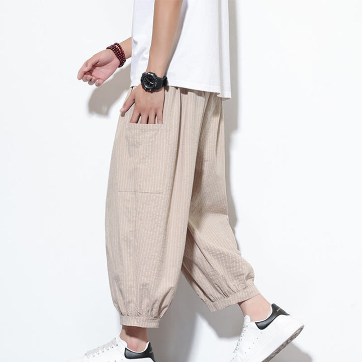 Spodnie haremowe męskie z bawełny w paski i kieszeniami, z kolekcji Buddha Stones, o długości 7-8 - For - US/UK/AU46， EU56 (5XL) - image 0