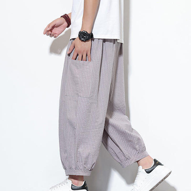 Spodnie haremowe męskie z bawełny w paski i kieszeniami, z kolekcji Buddha Stones, o długości 7-8 - RosyBrown - US/UK/AU46， EU56 (5XL) - image 8