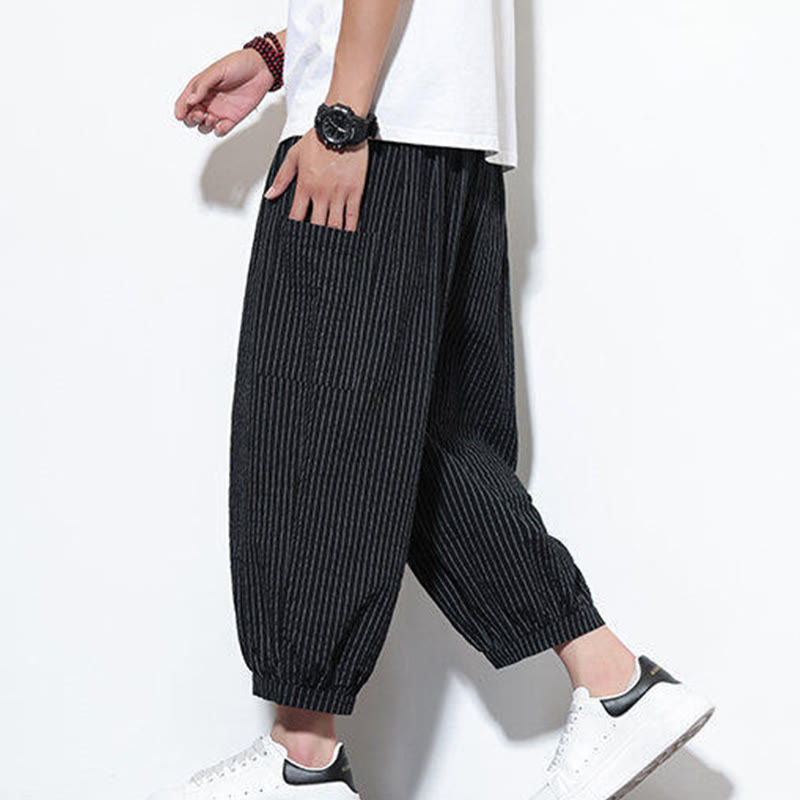 Spodnie haremowe męskie z bawełny w paski i kieszeniami, z kolekcji Buddha Stones, o długości 7-8 - Czarny - US/UK/AU46， EU56 (5XL) - image 29