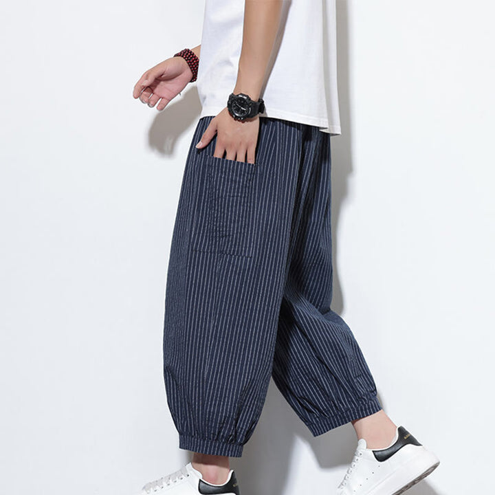 Spodnie haremowe męskie z bawełny w paski i kieszeniami, z kolekcji Buddha Stones, o długości 7-8 - Ciemnoniebieski - US/UK/AU46， EU56 (5XL) - image 37