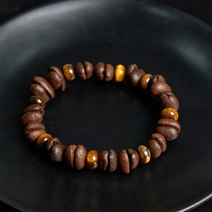 Bransoletka z naturalnych ziaren kawy z Buddha Stones , tygrysiego oka i szarego jaspisu z lawy - image 4