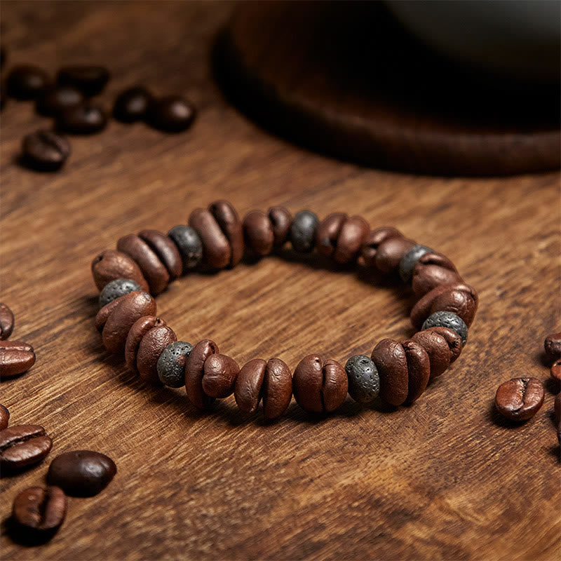 Bransoletka z naturalnych ziaren kawy z Buddha Stones , tygrysiego oka i szarego jaspisu z lawy - image 13