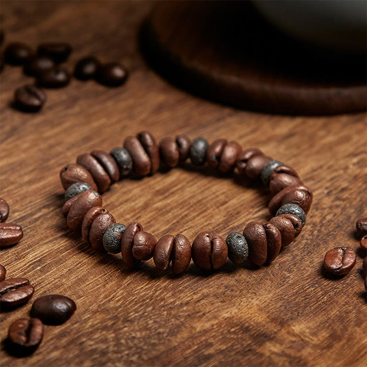 Bransoletka z naturalnych ziaren kawy z Buddha Stones , tygrysiego oka i szarego jaspisu z lawy - image 13