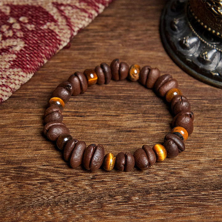 Bransoletka z naturalnych ziaren kawy z Buddha Stones , tygrysiego oka i szarego jaspisu z lawy - Ziarno kawy i tygrysie oko (obwód nadgarstka: 16 cm) - image 1