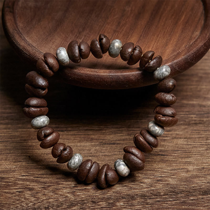 Bransoletka z naturalnych ziaren kawy z Buddha Stones , tygrysiego oka i szarego jaspisu z lawy - image 7