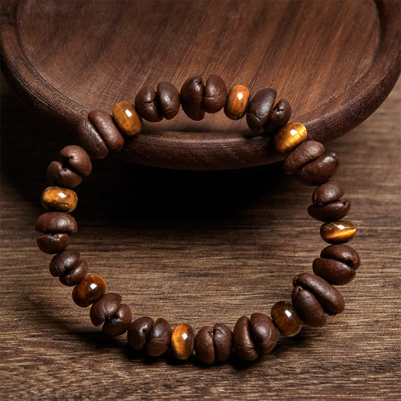 Bransoletka z naturalnych ziaren kawy z Buddha Stones , tygrysiego oka i szarego jaspisu z lawy - image 2
