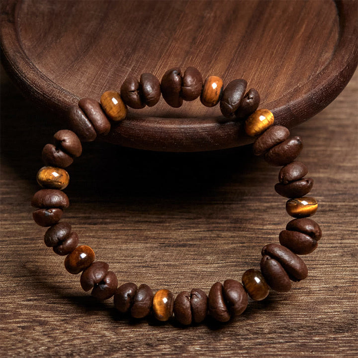 Bransoletka z naturalnych ziaren kawy z Buddha Stones , tygrysiego oka i szarego jaspisu z lawy - image 2