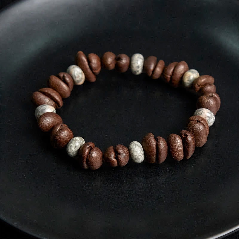 Bransoletka z naturalnych ziaren kawy z Buddha Stones , tygrysiego oka i szarego jaspisu z lawy - image 9