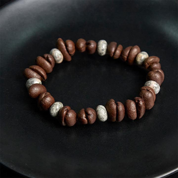 Bransoletka z naturalnych ziaren kawy z Buddha Stones , tygrysiego oka i szarego jaspisu z lawy - image 9